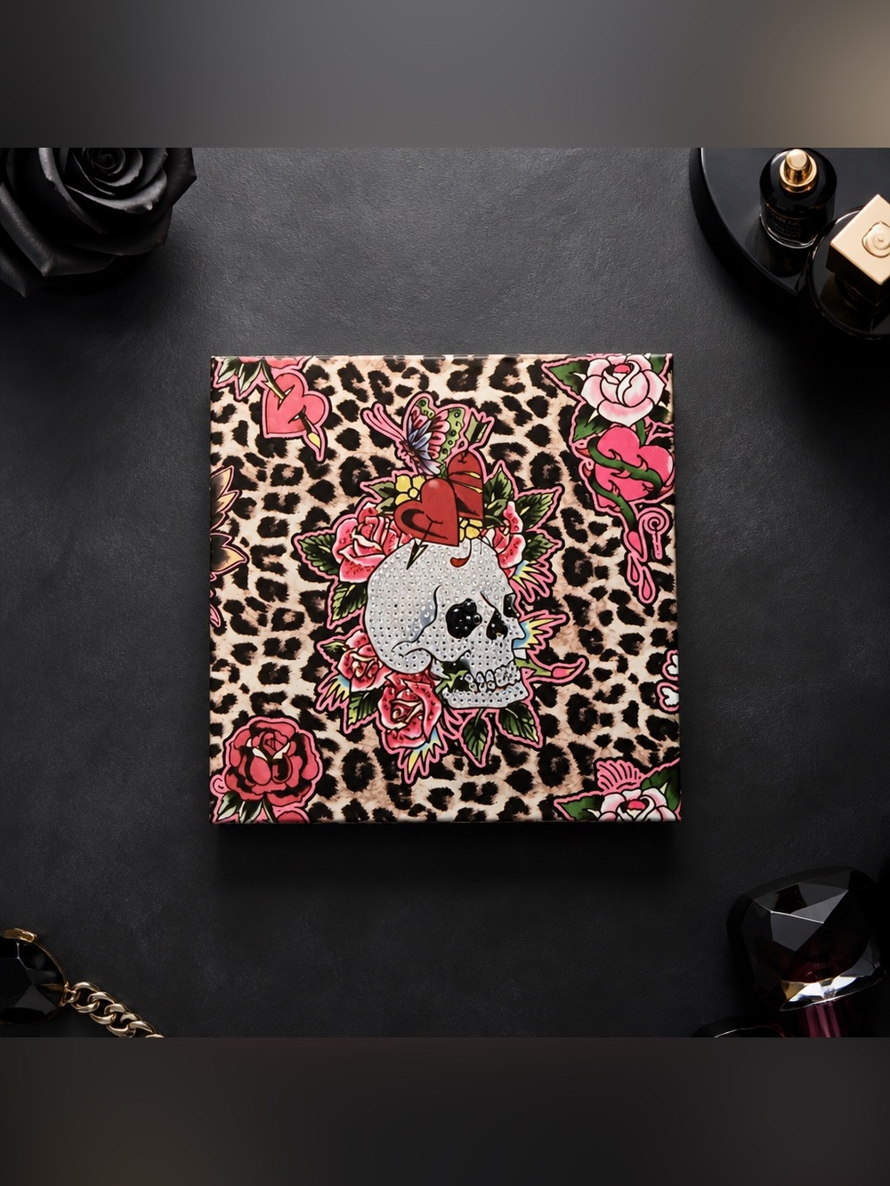 Ed Hardy Women's Gold Tone Pink Skull Rose Watch Rhinestone Bezel New